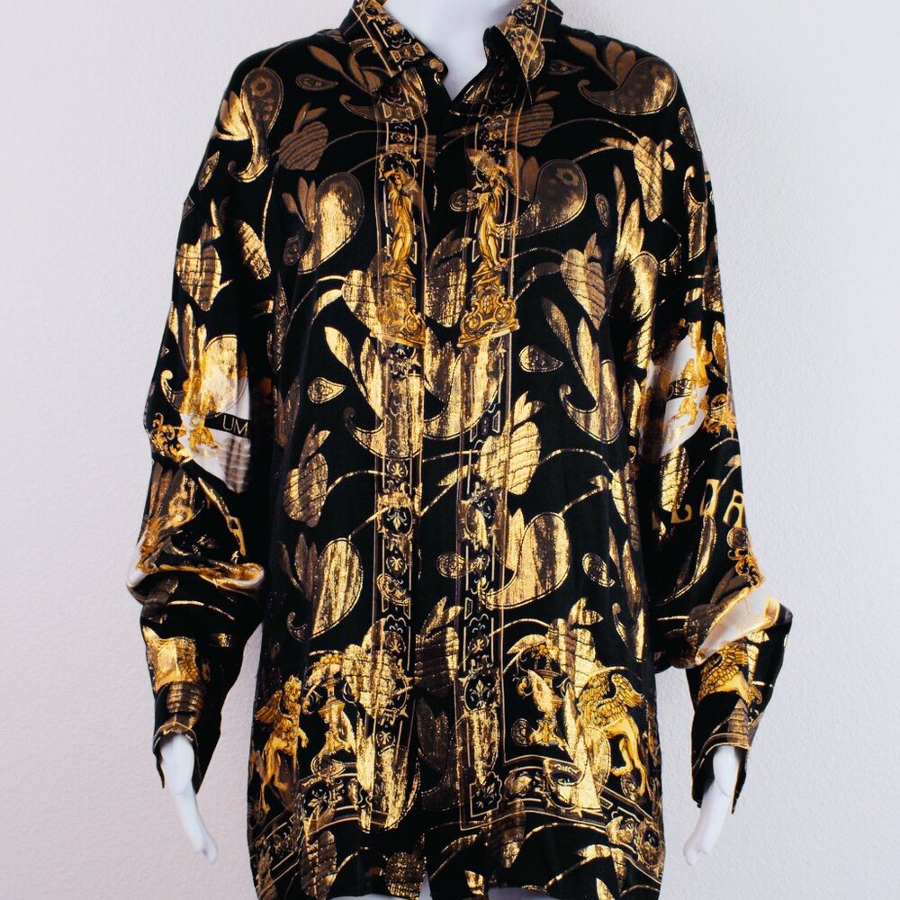 Vintage JOEY RICHI Gold Label Metallic Silk Shirt SINALOA MEXICO Size XL 80s